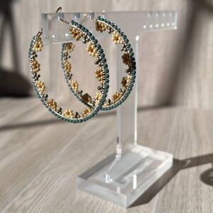 Chic Beaded Hoop Earrings with Green and Cream Accents